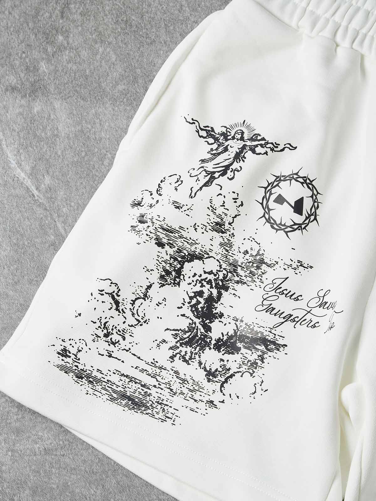 NOISSEY Sacred Redemption Religious Iconography Oversized Shorts - Arctic White - Image 3