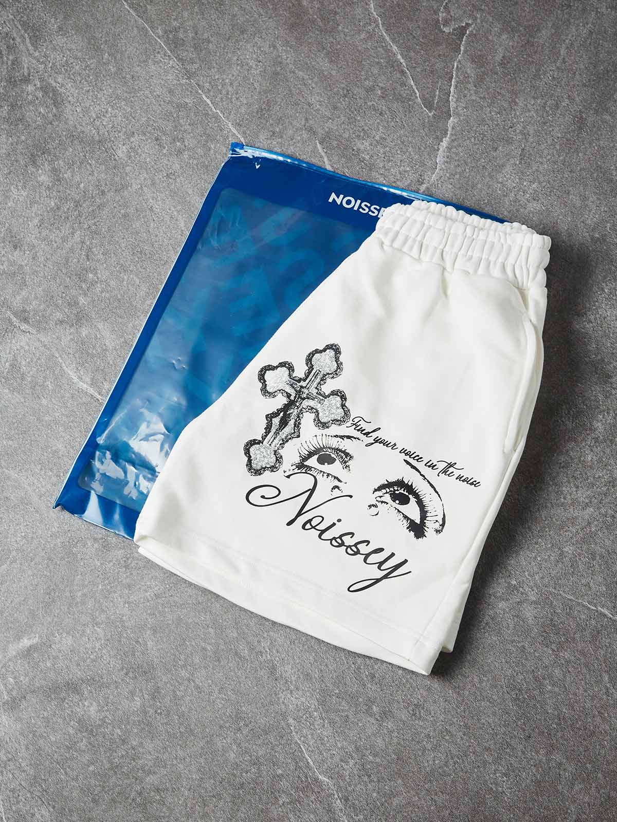 NOISSEY Sacred Redemption Religious Iconography Oversized Shorts - Arctic White - Image 5