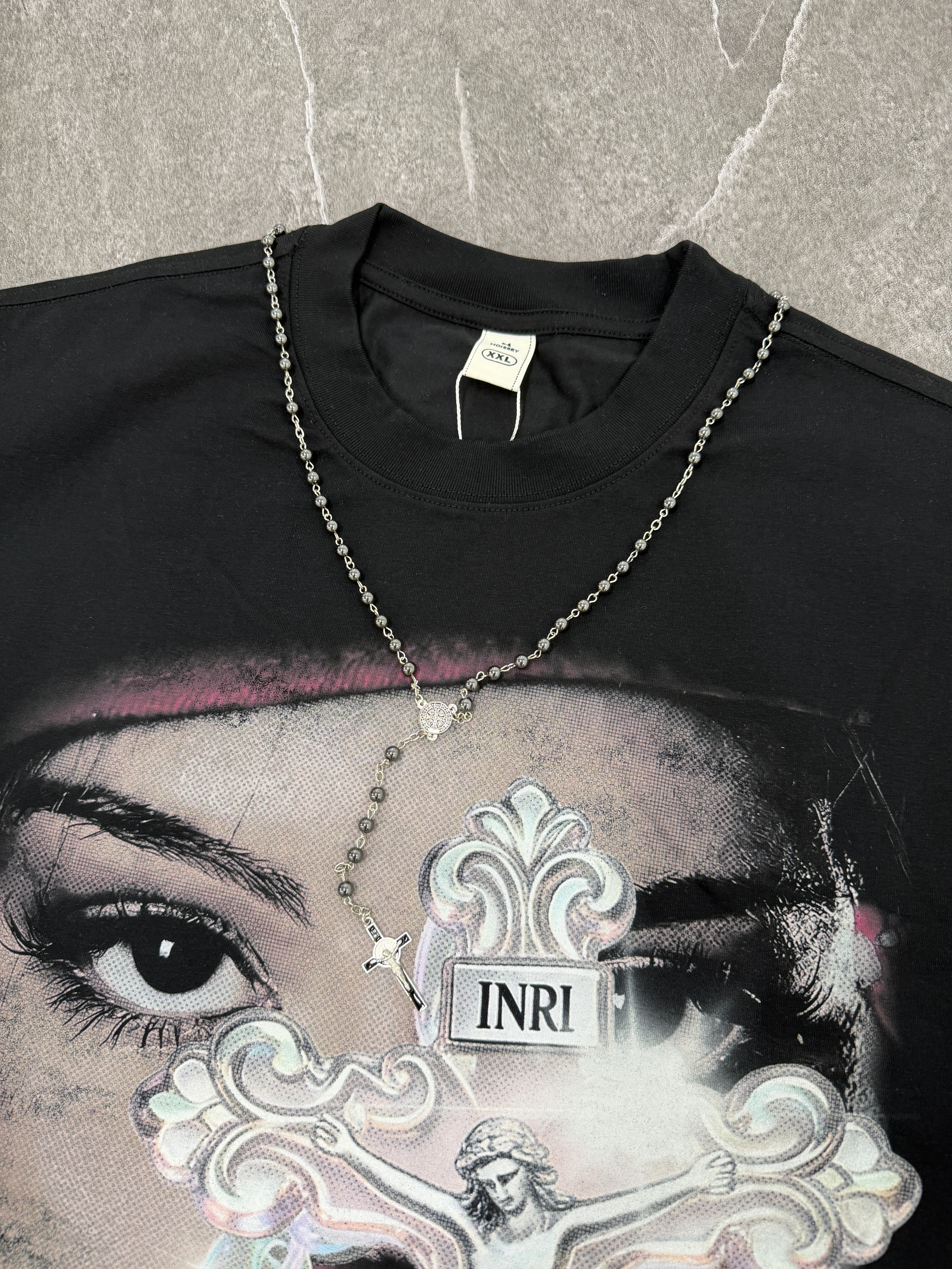 NOISSEY "Sacred Trap" Iridescent Crystal Jesus Rosary Portrait Distressed Boxy Tee - Image 2