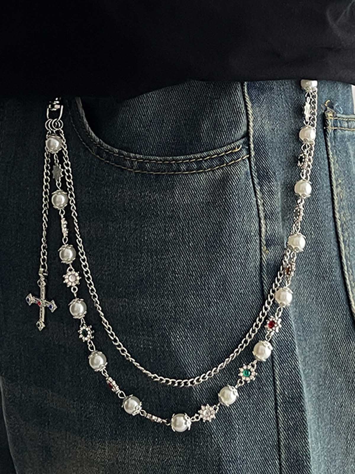 NOISSEY "SILVER BLOOM" MULTI-LAYERED PEARL & CRUCIFIX WAIST CHAIN - Image 3