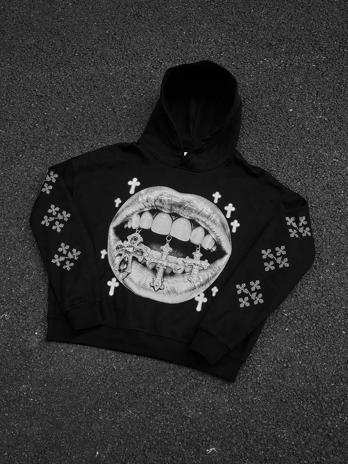 NOISSEY "Silver Sanctuary" Iced-Out Cross Graphic Hoodie - Midnight Black - Image 7