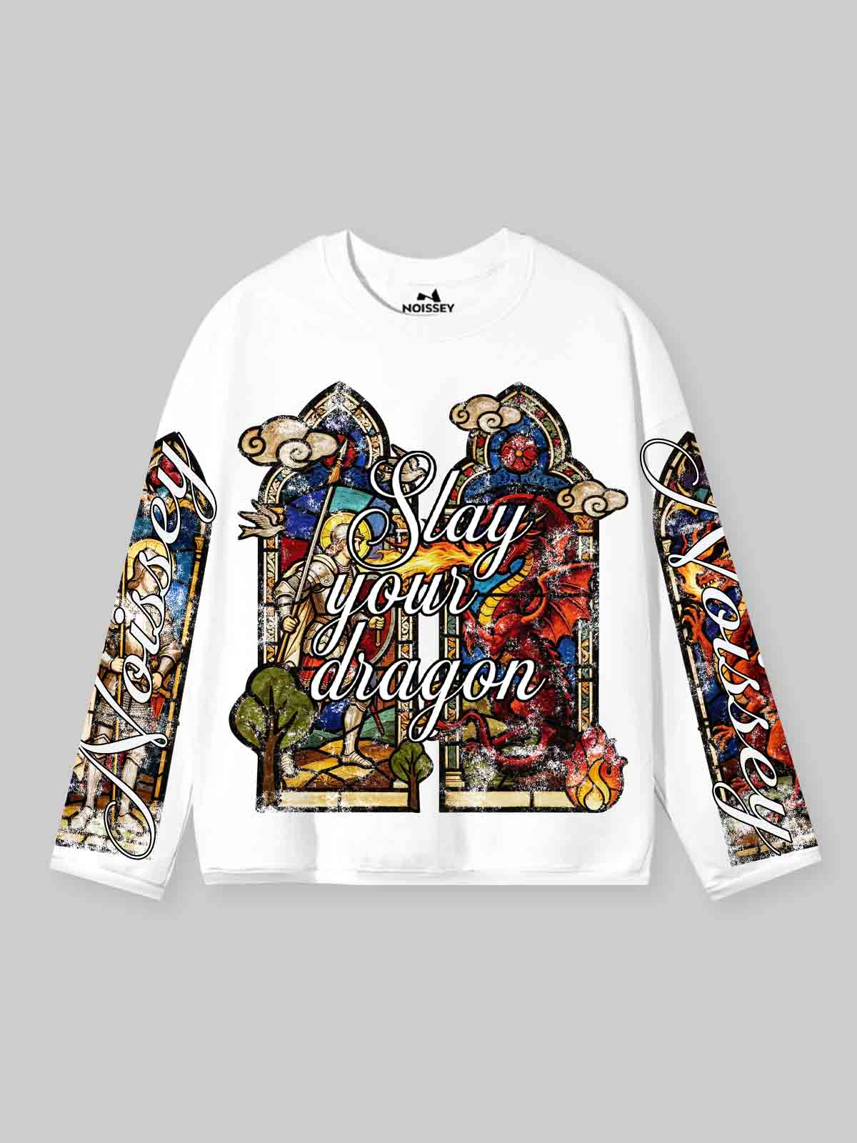 NOISSEY "Slay Your Dragon" White Long-Sleeve - Stained Glass Graphic