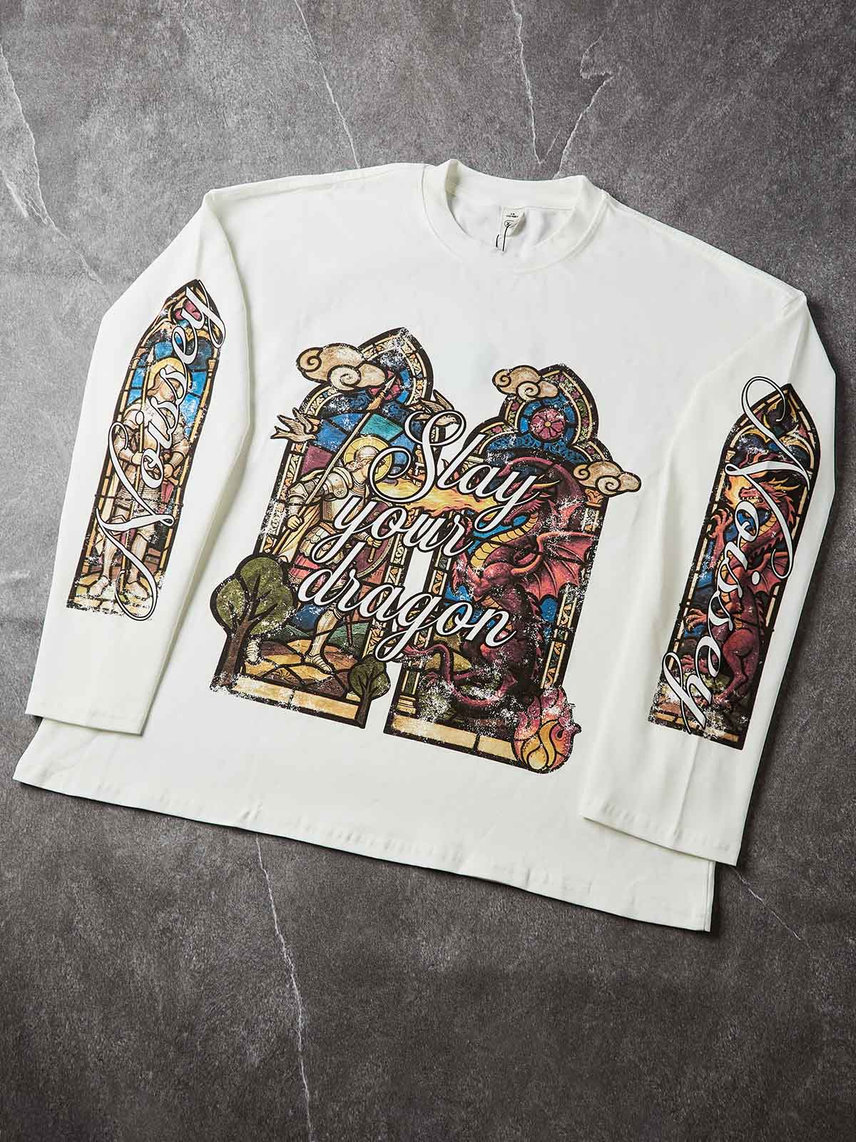 NOISSEY "Slay Your Dragon" White Long-Sleeve - Stained Glass Graphic - Image 5
