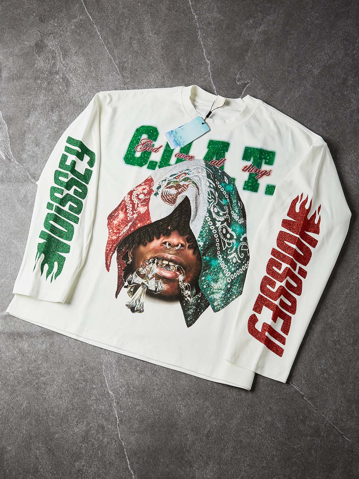 NOISSEY "Sovereign G.O.A.T." Sparkling Dual-Tone Paisley Bandana Biting Cross Heavyweight Long Sleeve - Image 7