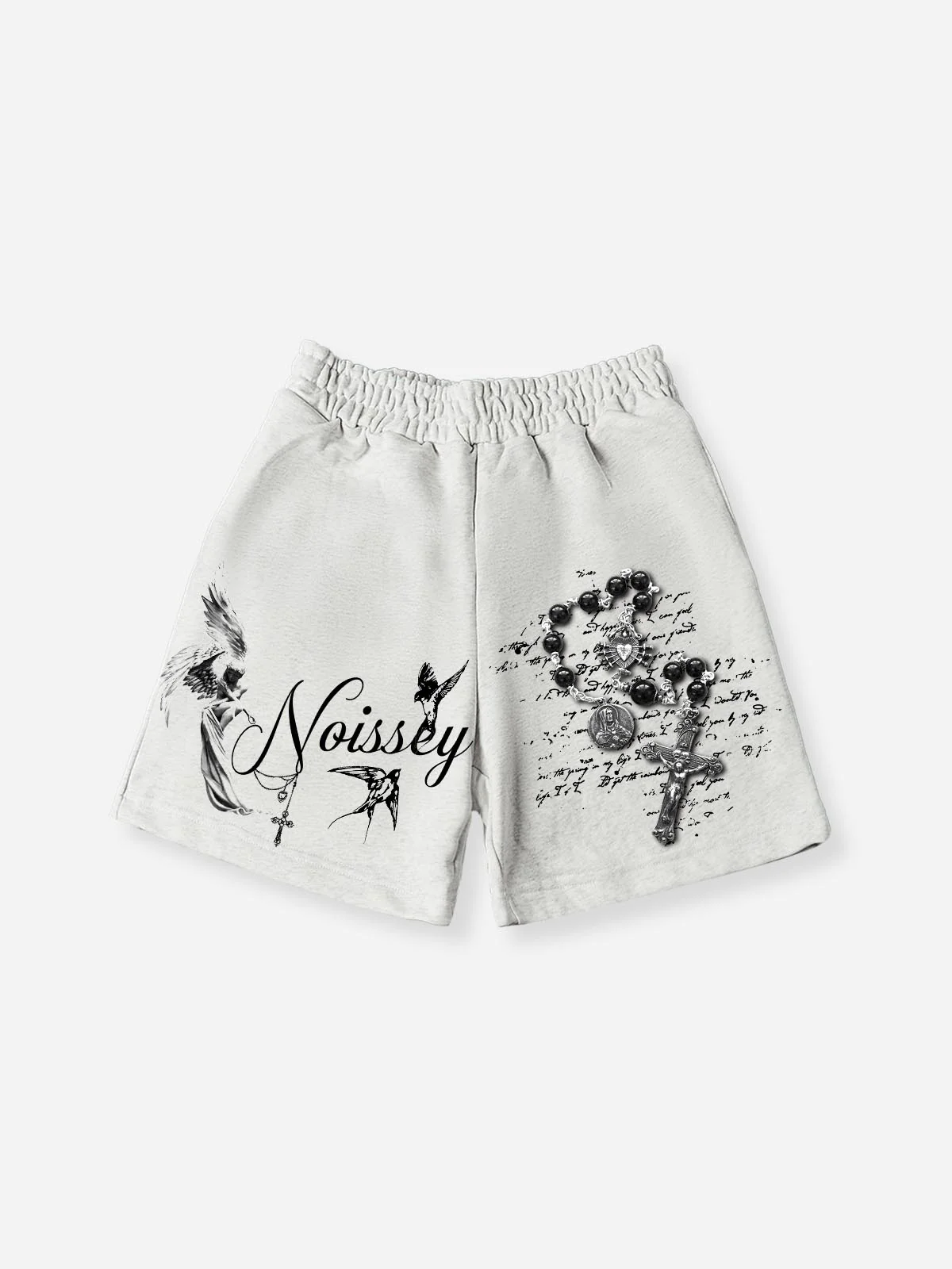 NOISSEY "Spiritual Ascent" Angel & Rosary Graphic Wide-Leg Shorts - Heather Gray