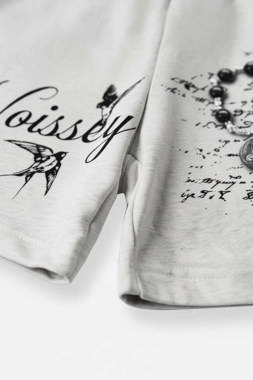 NOISSEY "Spiritual Ascent" Angel & Rosary Graphic Wide-Leg Shorts - Heather Gray - Image 5