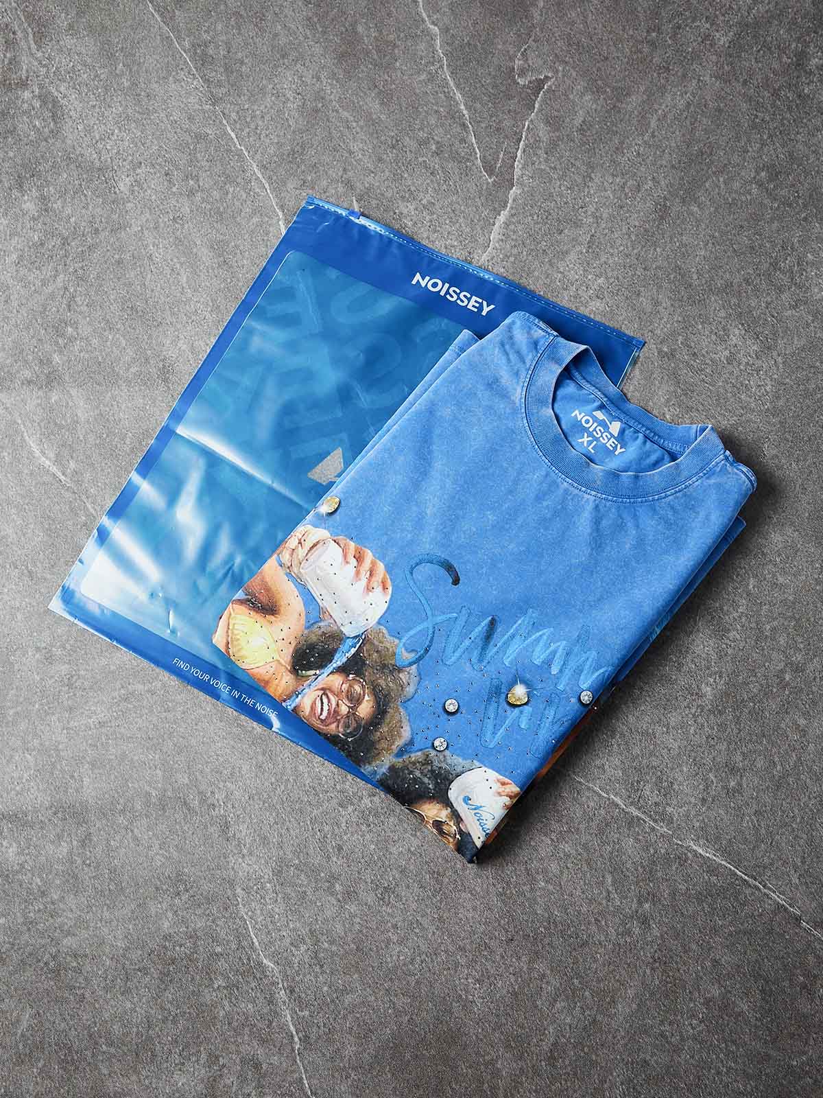 NOISSEY "Summer Vibes" Graphic Art Washed Distressed Rhinestone Heavyweight T-Shirt - Image 4