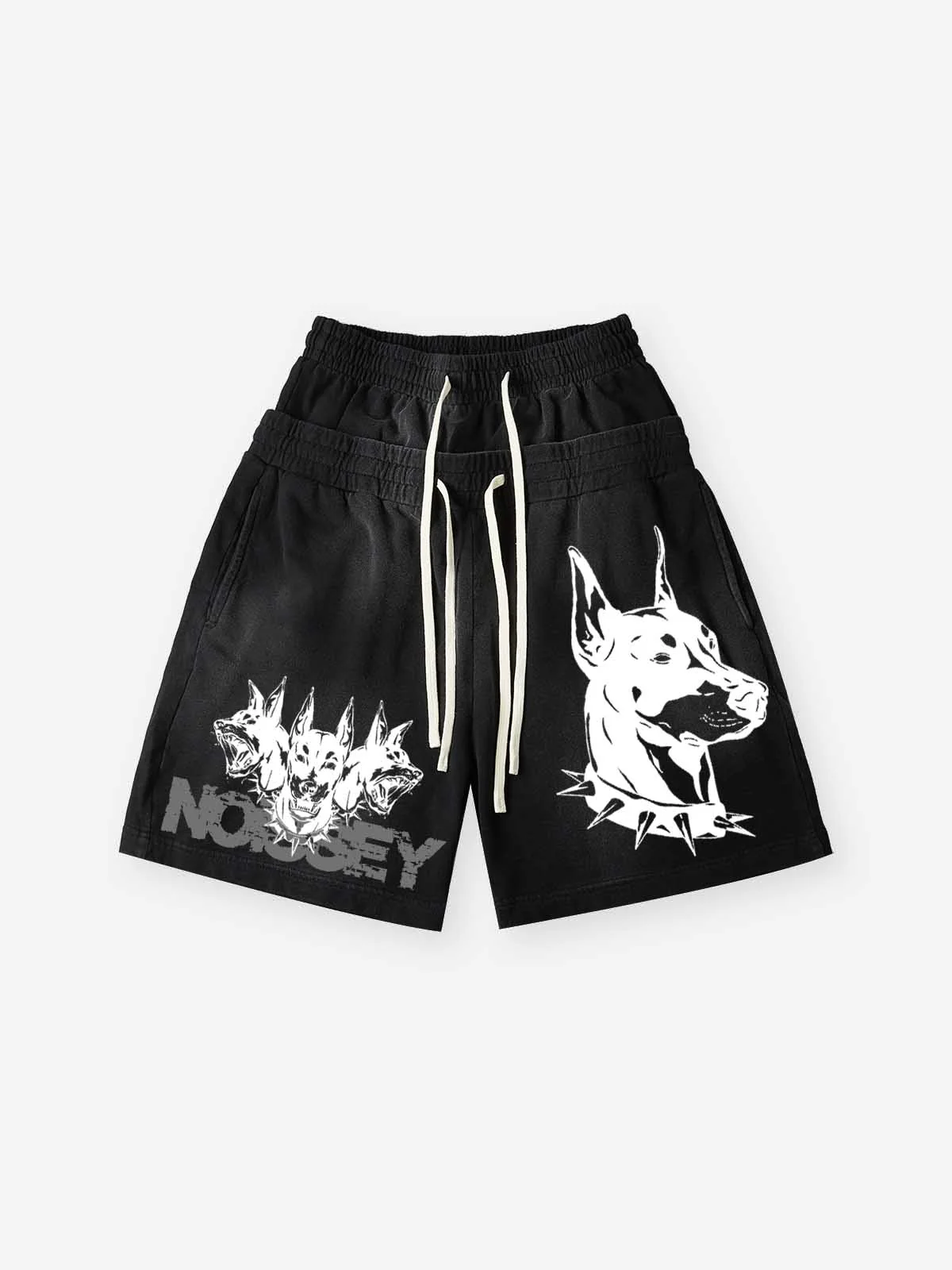 NOISSEY TRIPLE-HEADED DOBERMAN VINTAGE DISTRESSED SWEAT SHORTS