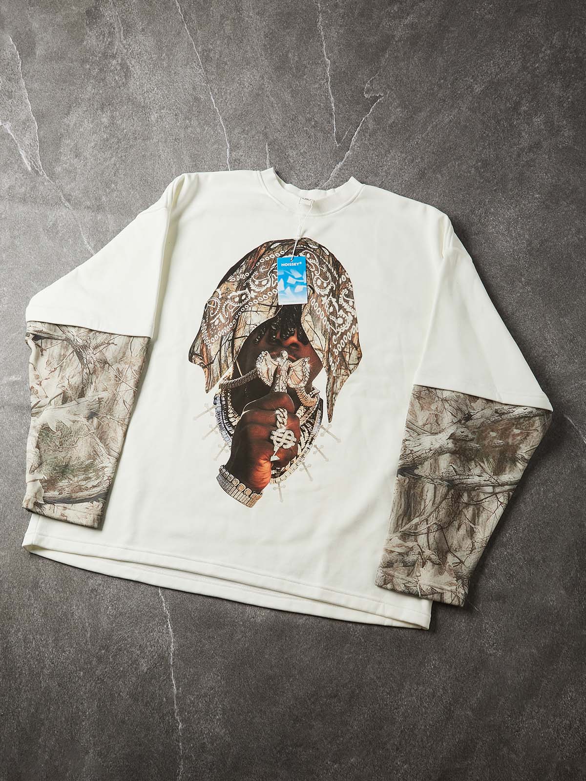 NOISSEY "Underground Vibe" Camo Panel Rap Graphic Sweatshirt - Off-White - Image 4
