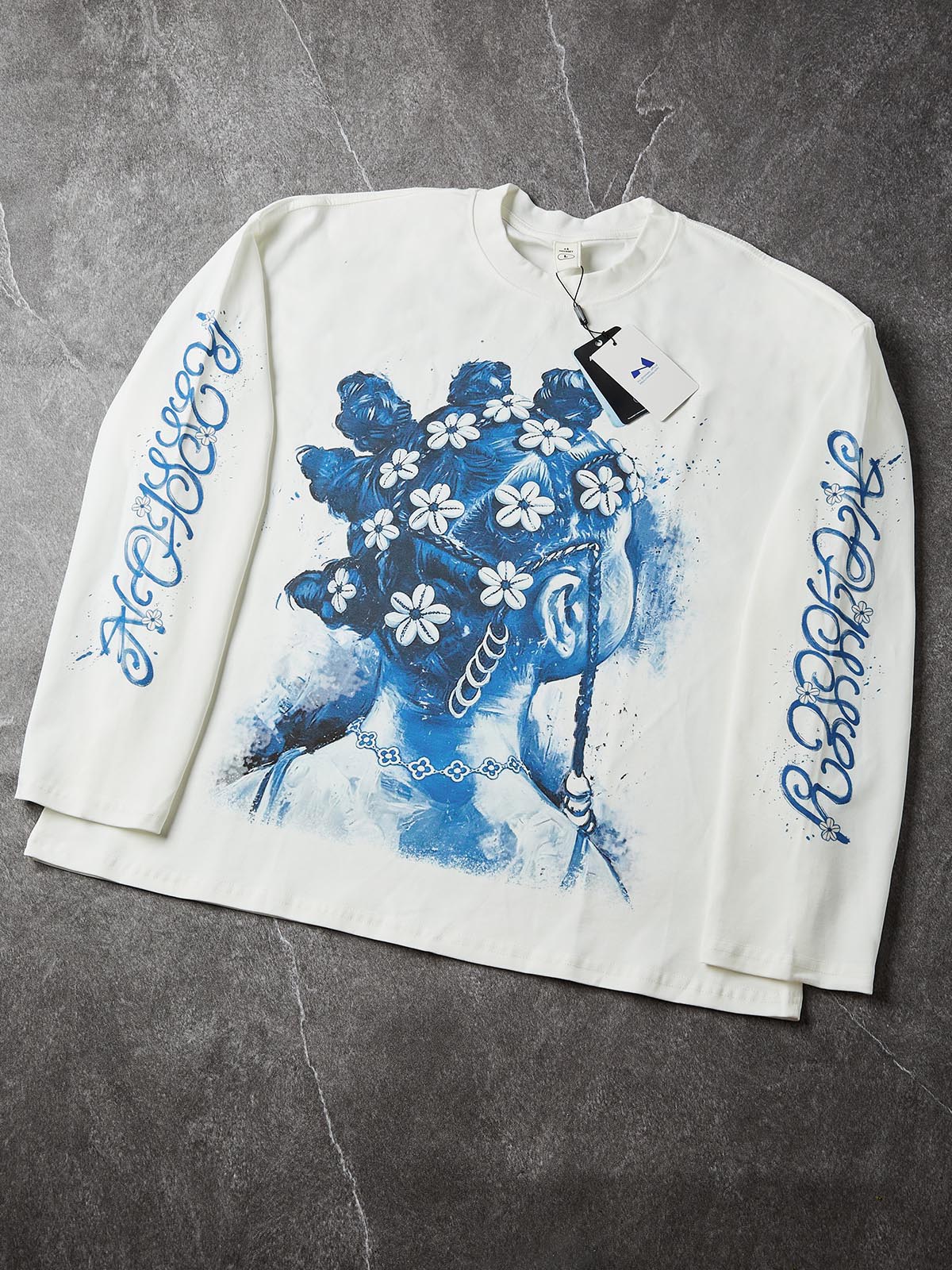 NOISSEY "Vintage Blue" Braided Girl Portrait Long Sleeve Sweatshirt - Off-White - Image 6