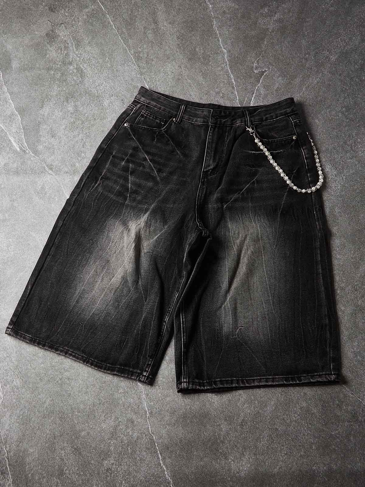 NOISSEY Vintage Distressed Denim Shorts with DIY Pearl Chain - Onyx Black & Heritage Blue - Image 17