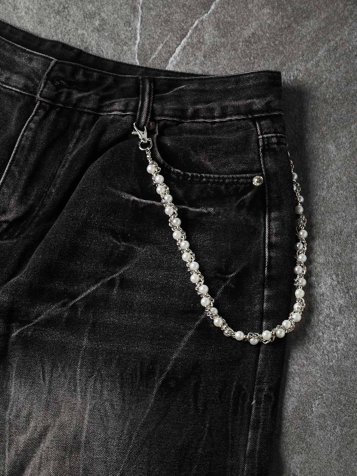 NOISSEY Vintage Distressed Denim Shorts with DIY Pearl Chain - Onyx Black & Heritage Blue - Image 18