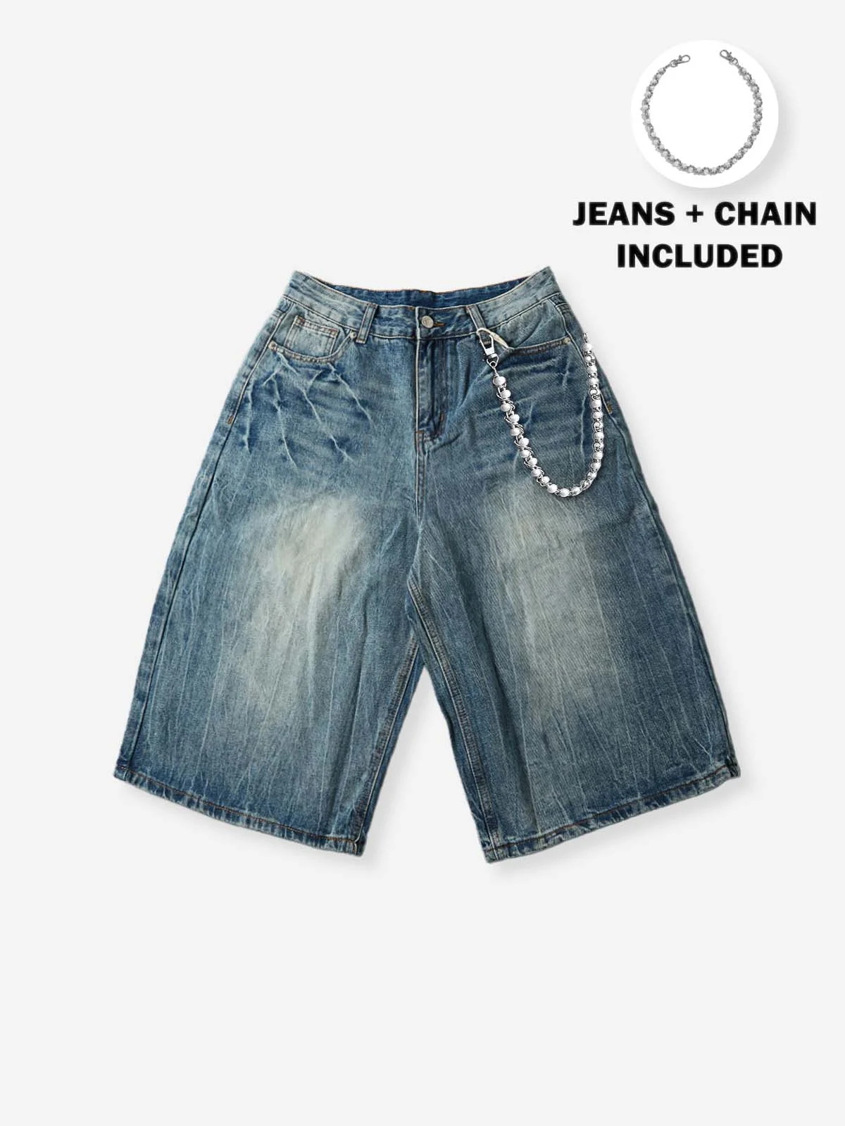 NOISSEY Vintage Distressed Denim Shorts with DIY Pearl Chain - Onyx Black & Heritage Blue - Image 2