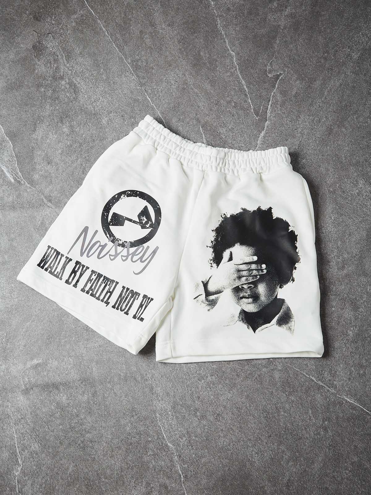 NOISSEY "WALK BY FAITH" Monochrome Graphic Artwork Relaxed Shorts - Pure White - Image 2