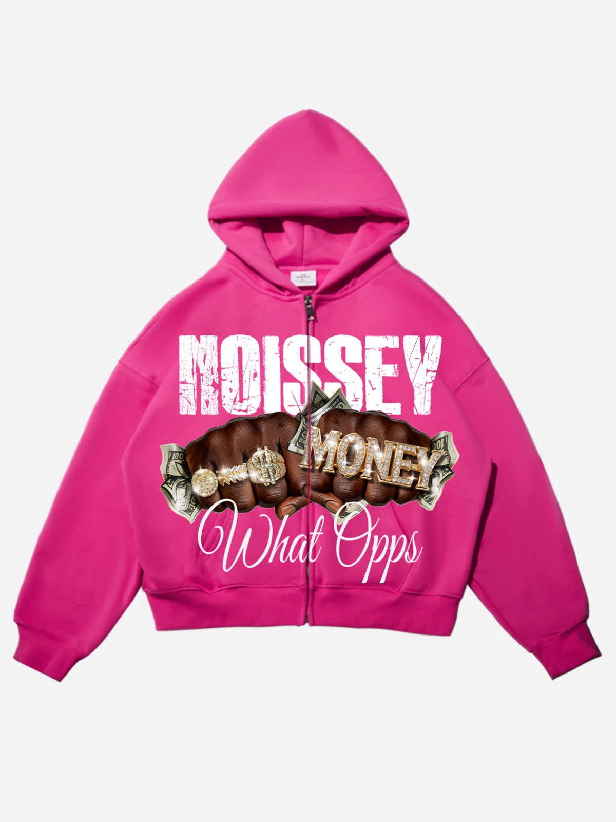 NOISSEY "What Opps" Luxury Streetwear Zip-Up Hoodie - Iced-Out Double Fist & Money Graphic Heavyweight Parka