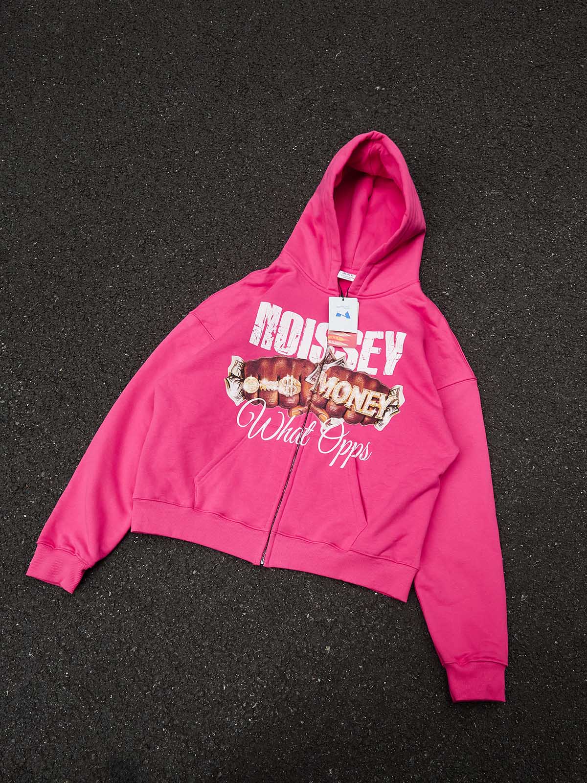 NOISSEY "What Opps" Luxury Streetwear Zip-Up Hoodie - Iced-Out Double Fist & Money Graphic Heavyweight Parka - Image 6