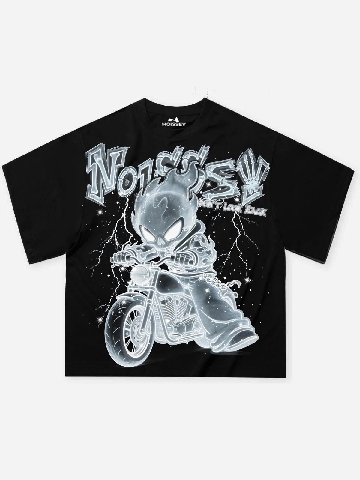 NOISSEY "X-Ray Phantom Rider" Black Tee - Boxy Heavyweight Hot-Fix Rhinestone Crafted T-Shirt