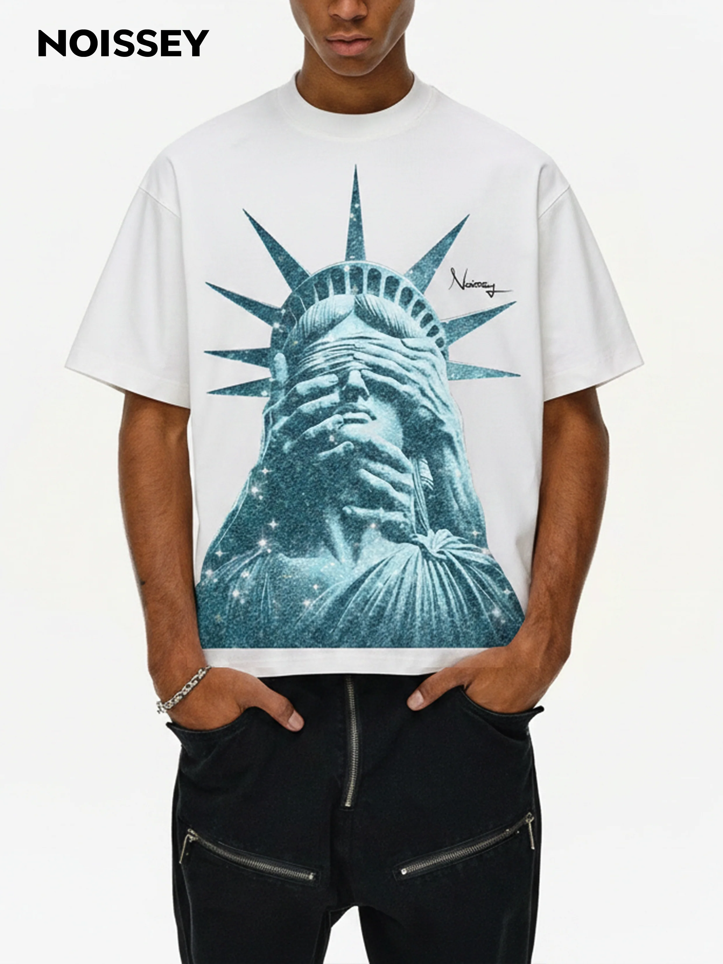 NOISSEY "Liberty Blinded" Heavyweight Tee - White Boxy Street Graphic T-Shirt - Image 3