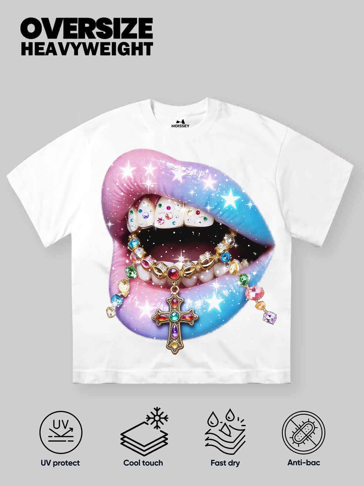 Pink-Blue Gradient Starry Sky with Lip-Adorned Glitter Art Print T-shirt - Image 2