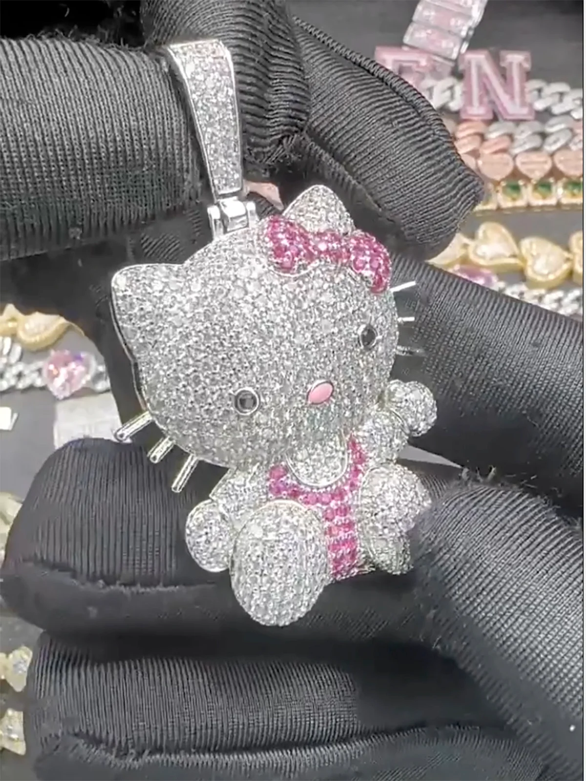Pink Butterfly Kitty Diamond Pendant Necklace - Image 3
