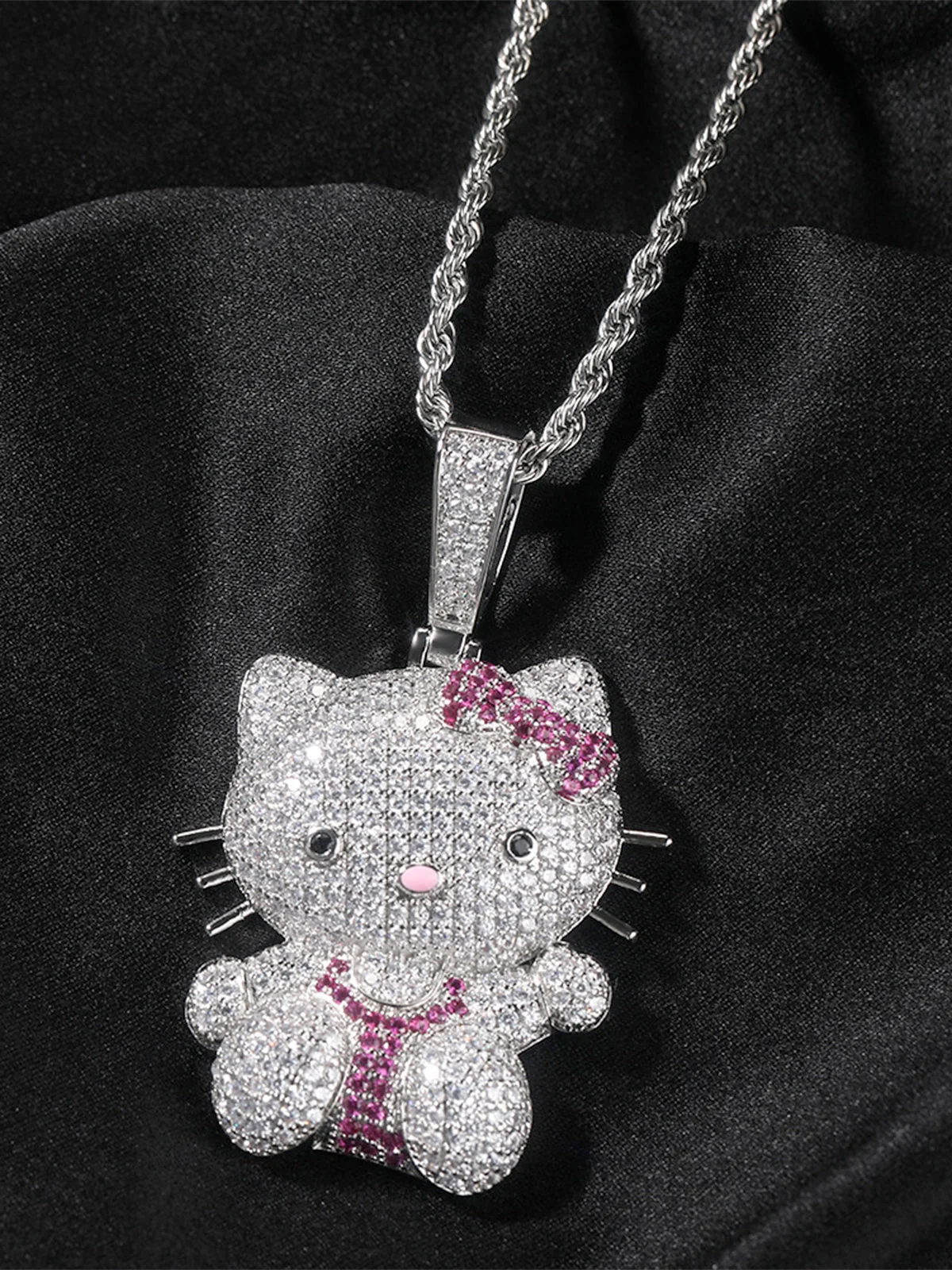 Pink Butterfly Kitty Diamond Pendant Necklace - Image 4
