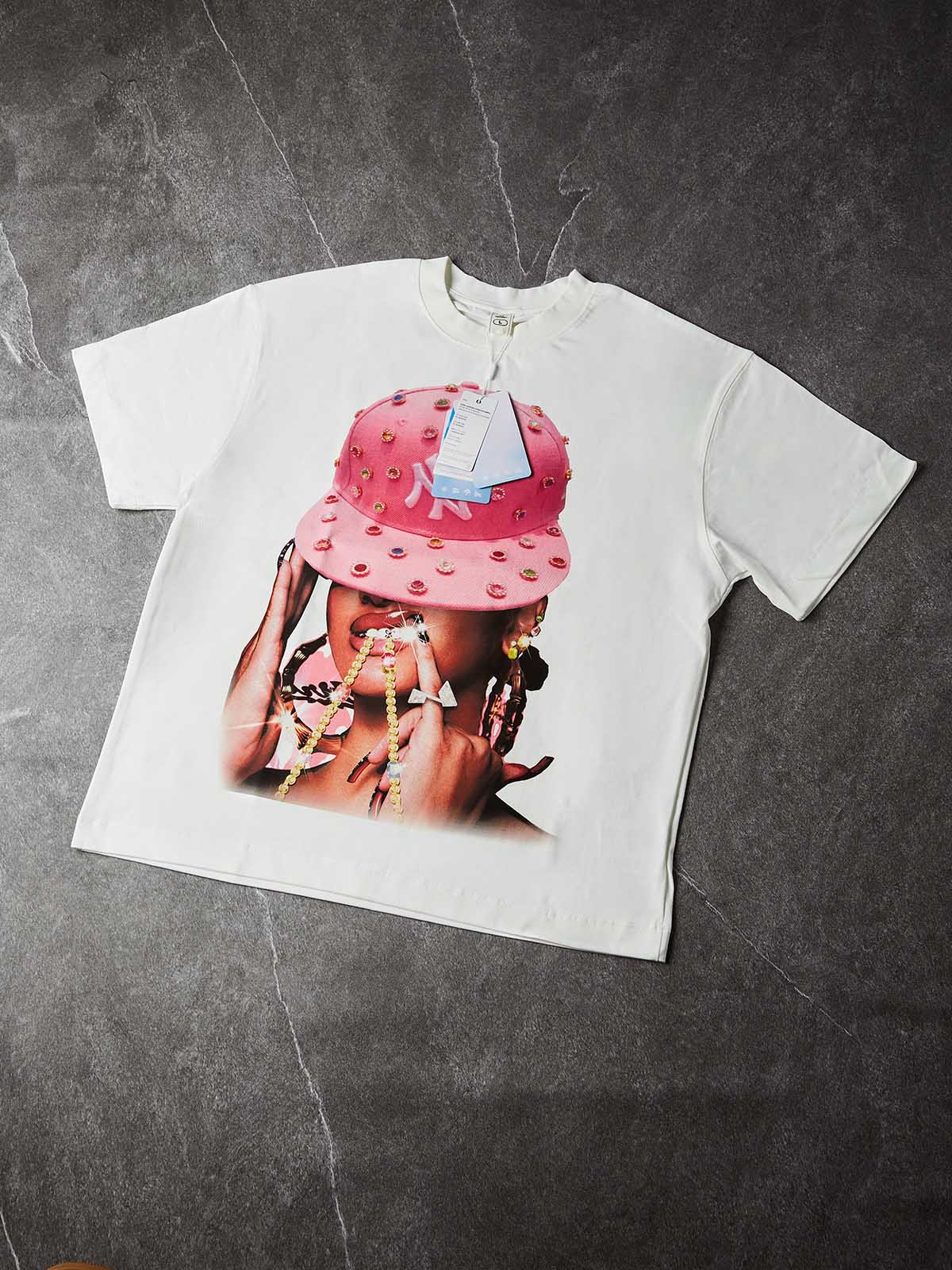 NOISSEY "Pink Diamond-Hat Girl" Character Tee - Clean White 255G Heavyweight Boxy Oversized Fit - Image 5