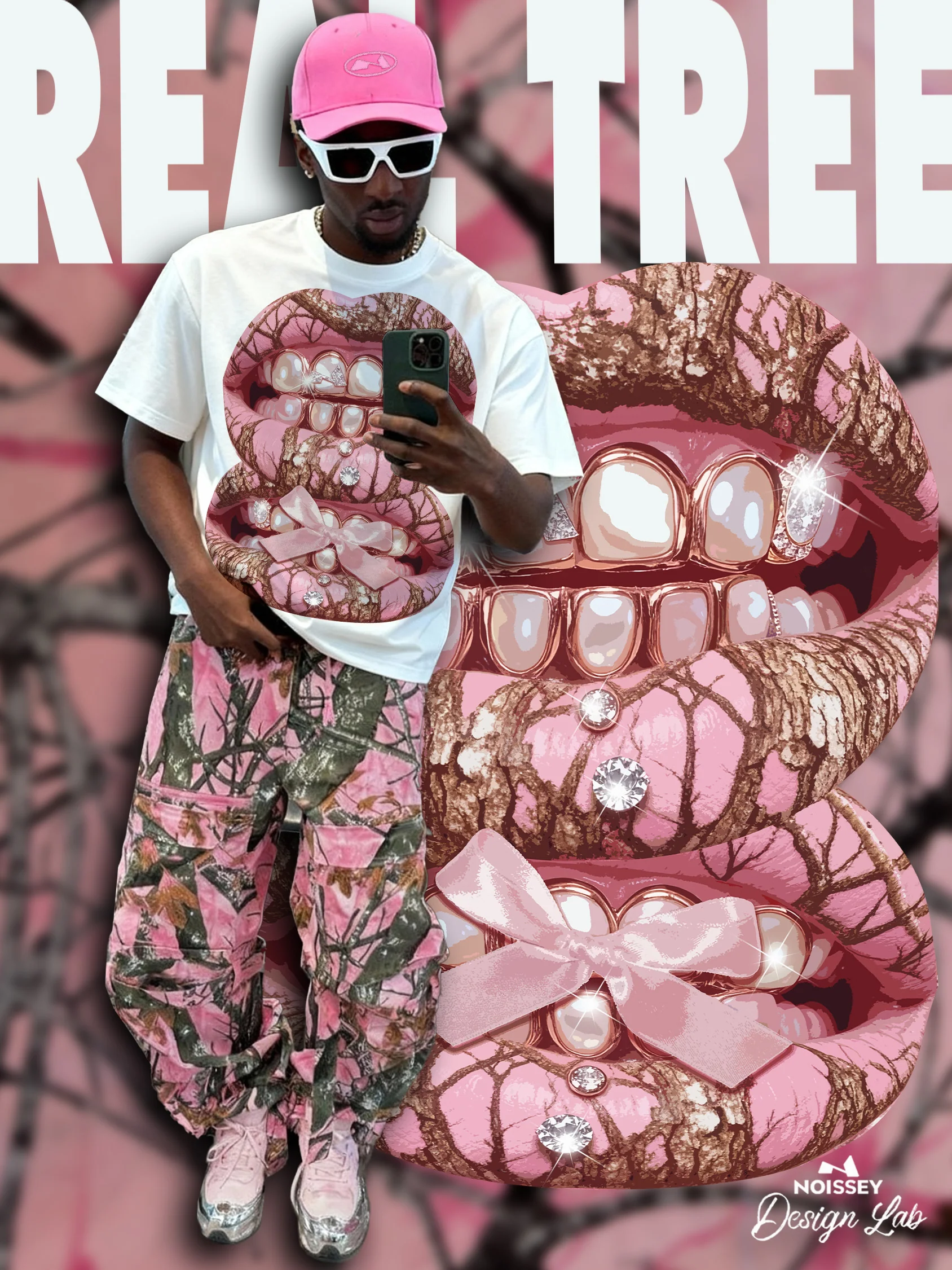 Pink Pearl Real Tree Art Grillz Print Boxy Oversized T-shirt - Image 4