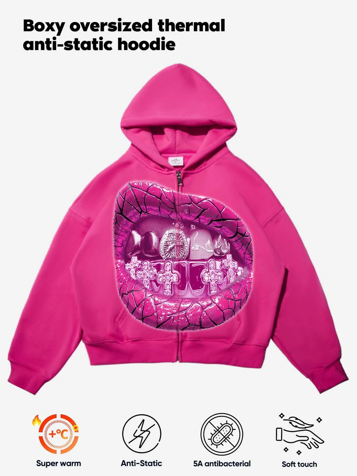 Pink Retro Sparkling Diamond Pink Grills Warm Print Hoodie - Image 2