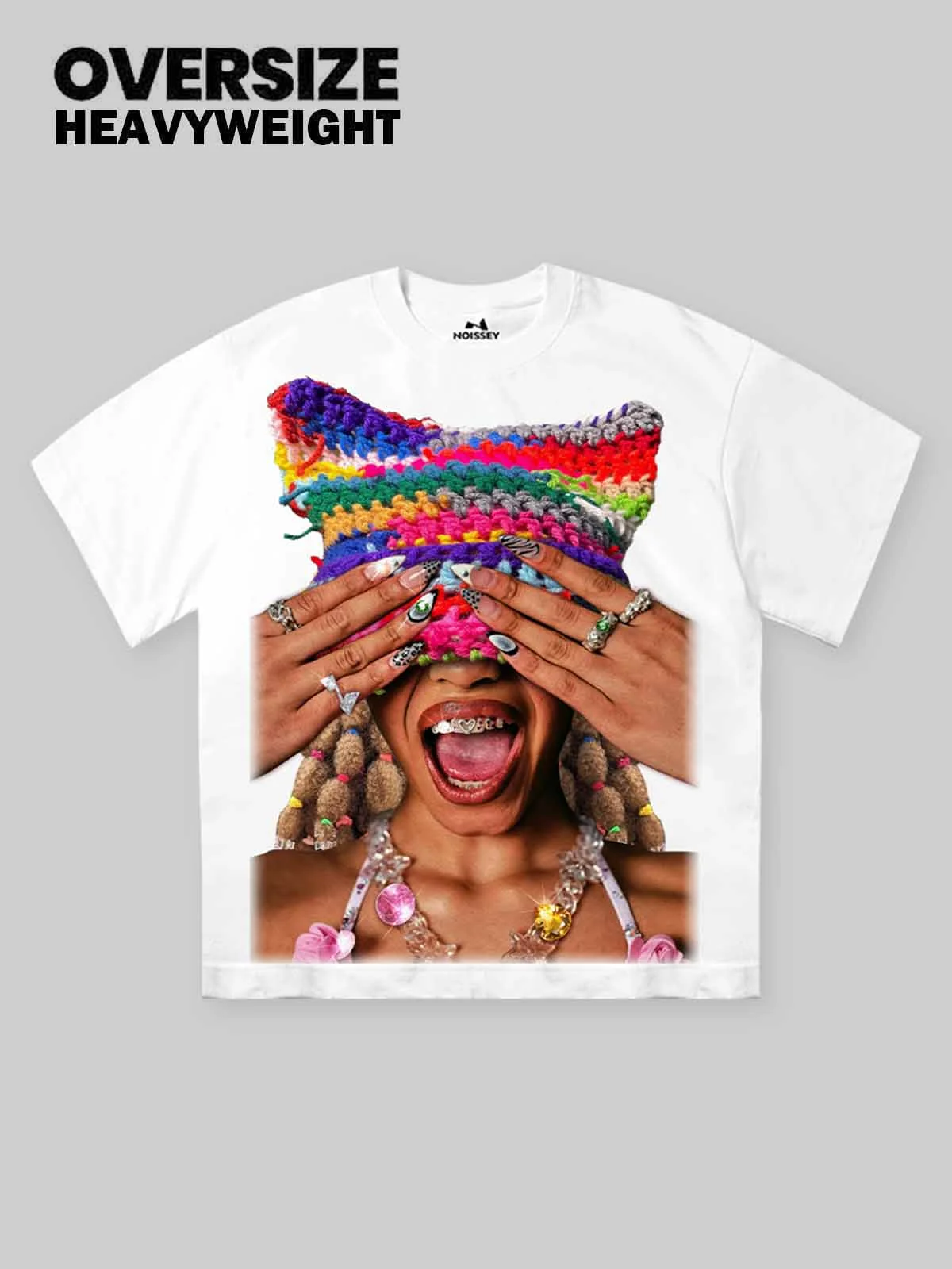Rainbow Knitted Art Cat-Ear Hat Character Print T-shirt - Image 2