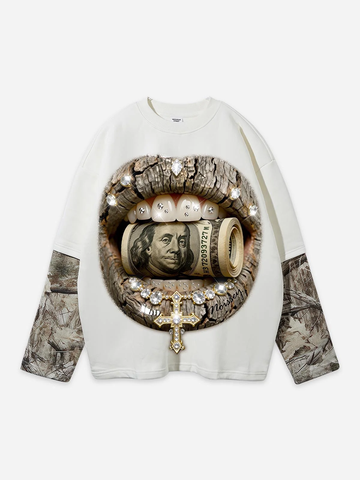 Real tree-Pattern Lip Jewel Biting Money Camouflage Print Long-Sleeve