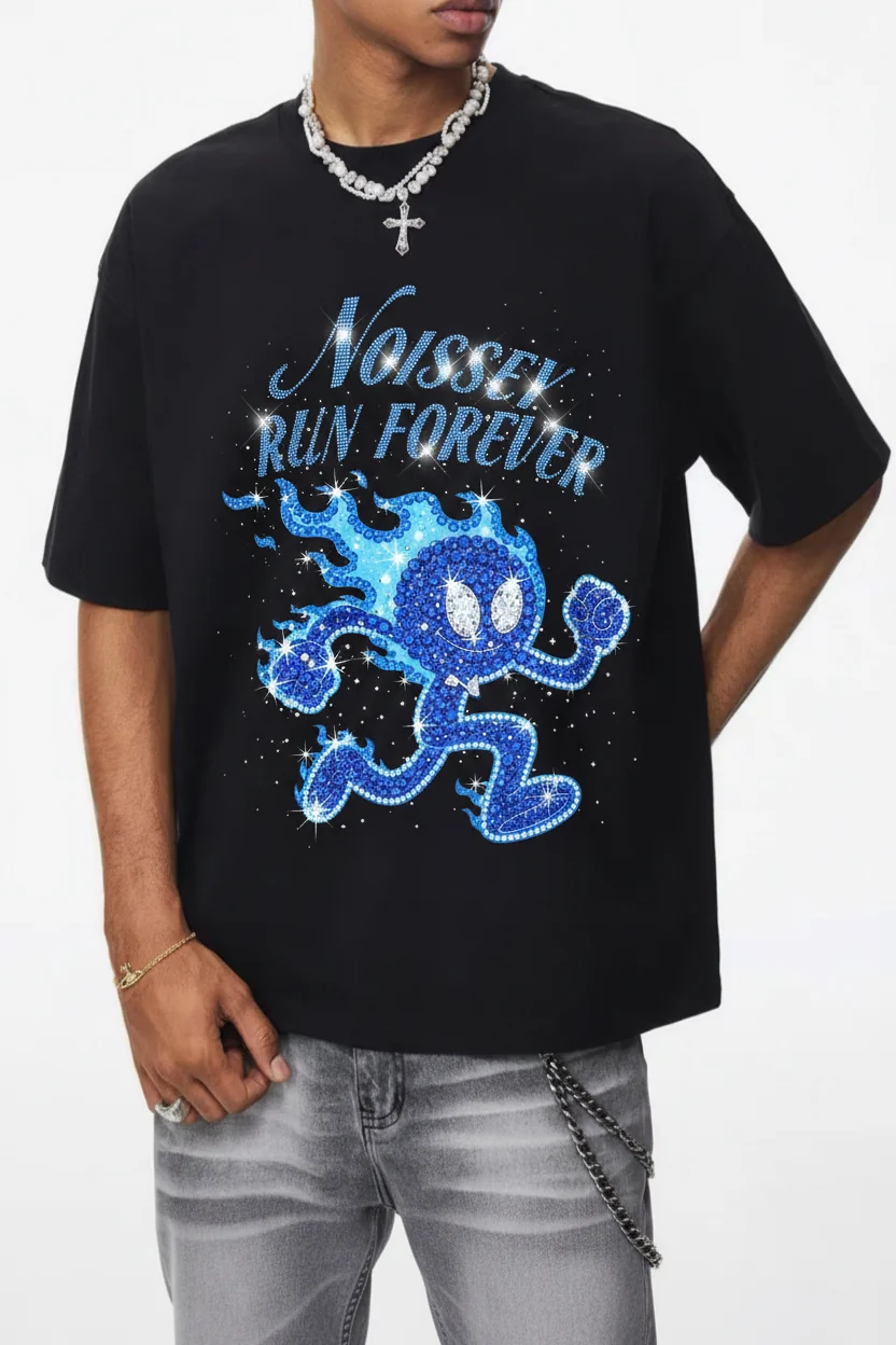 NOISSEY "RUN FOREVER" Blue Rhinestone Graphic Heavyweight T-Shirt - Black 255G Oversized - Image 3