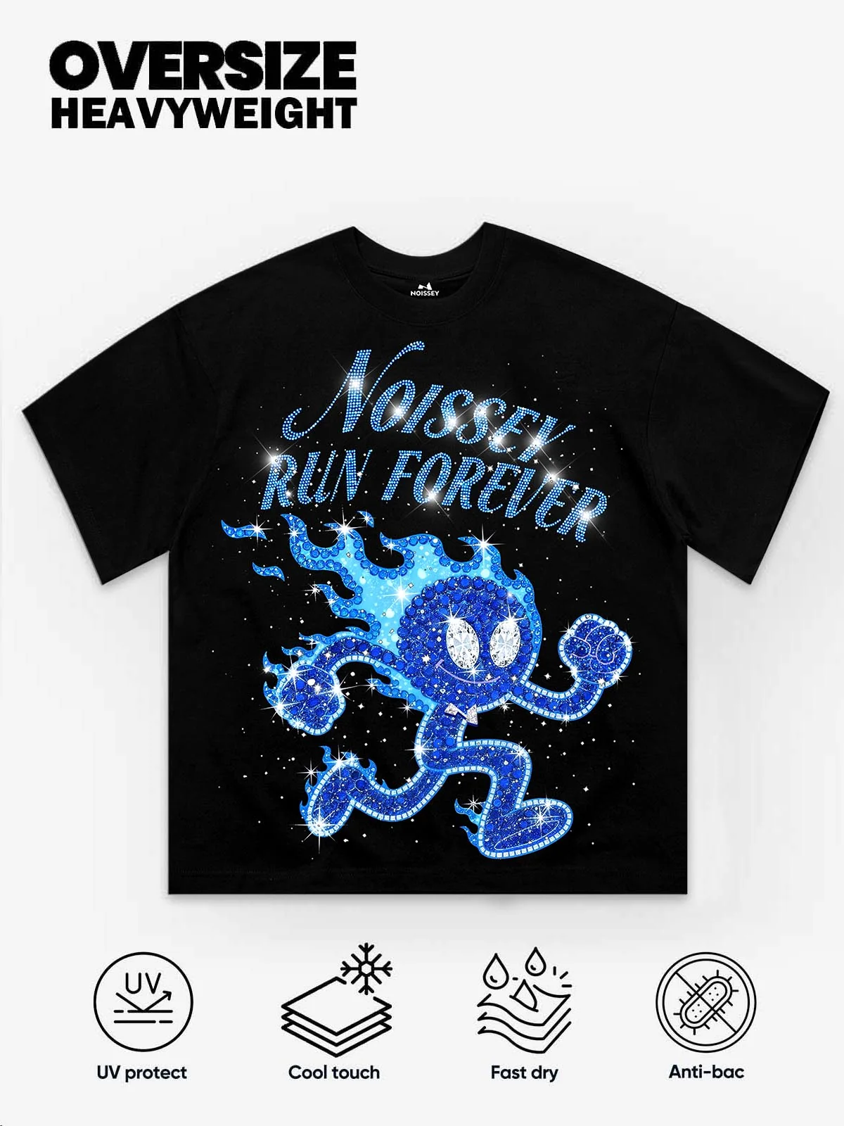 NOISSEY "RUN FOREVER" Blue Rhinestone Graphic Heavyweight T-Shirt - Black 255G Oversized - Image 4