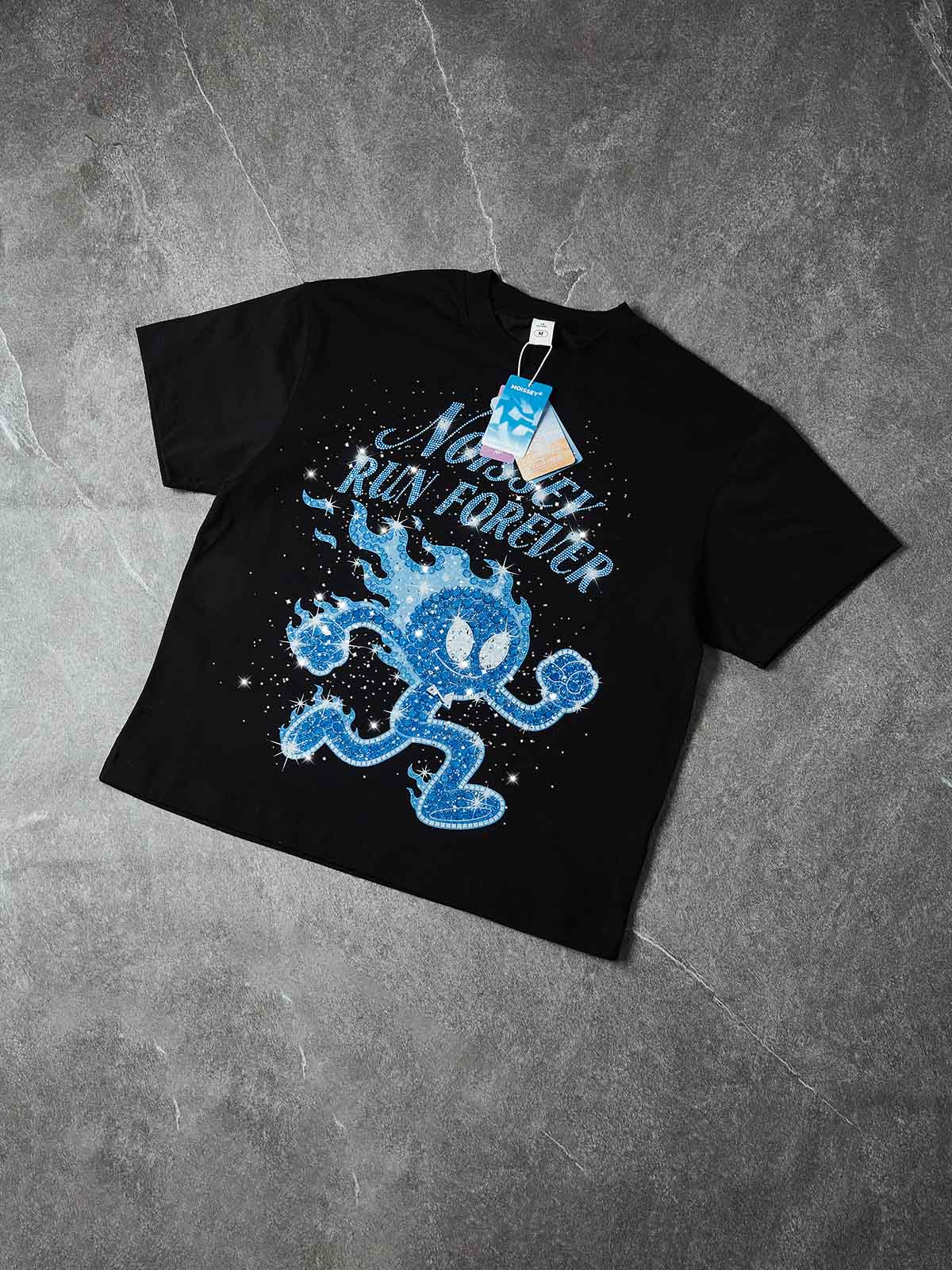 NOISSEY "RUN FOREVER" Blue Rhinestone Graphic Heavyweight T-Shirt - Black 255G Oversized - Image 5