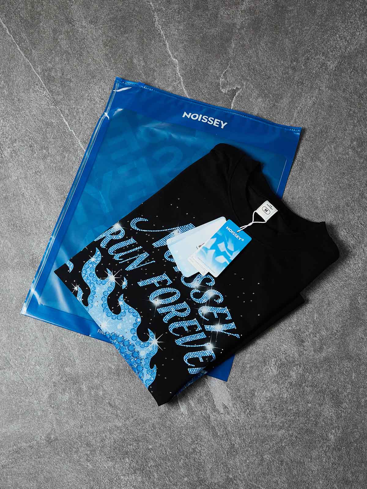 NOISSEY "RUN FOREVER" Blue Rhinestone Graphic Heavyweight T-Shirt - Black 255G Oversized - Image 7