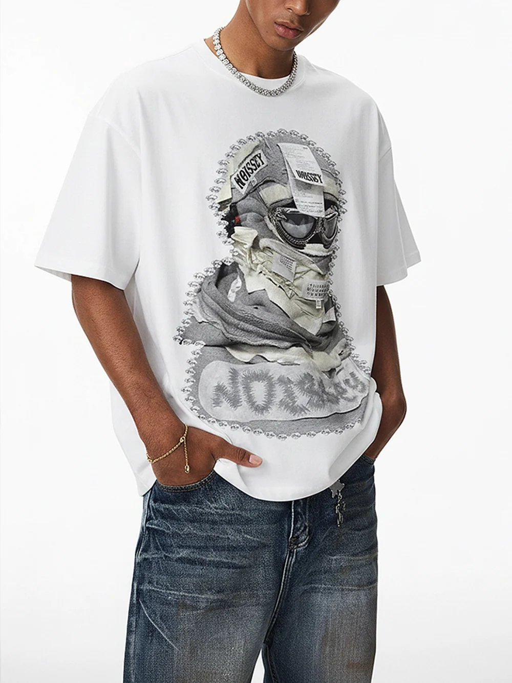 NOISSEY "Deconstructed Mask" Boxy Heavyweight Cooling Tee - White - Image 4