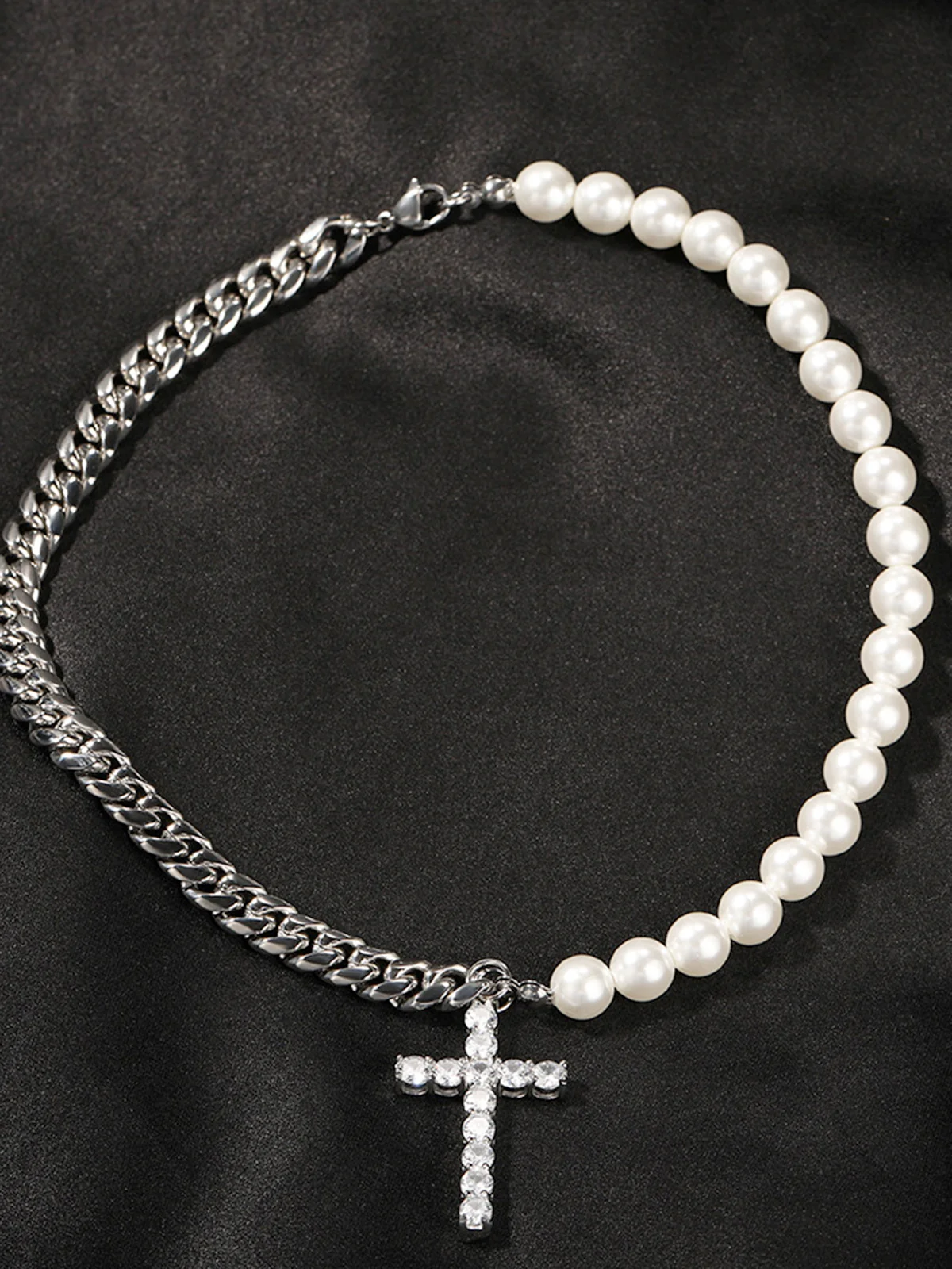 Stainless steel Cuban link and pearl combined Necklace - Image 8