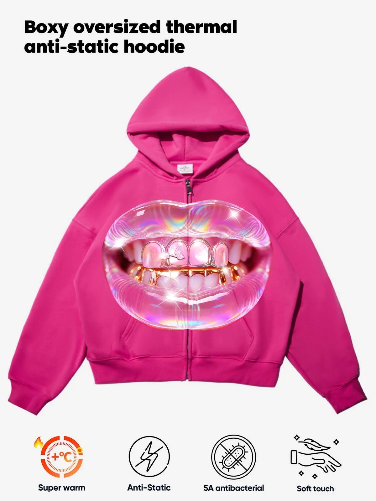 Transparent jelly cat's eye Grillz print pink warm hoodie - Image 4