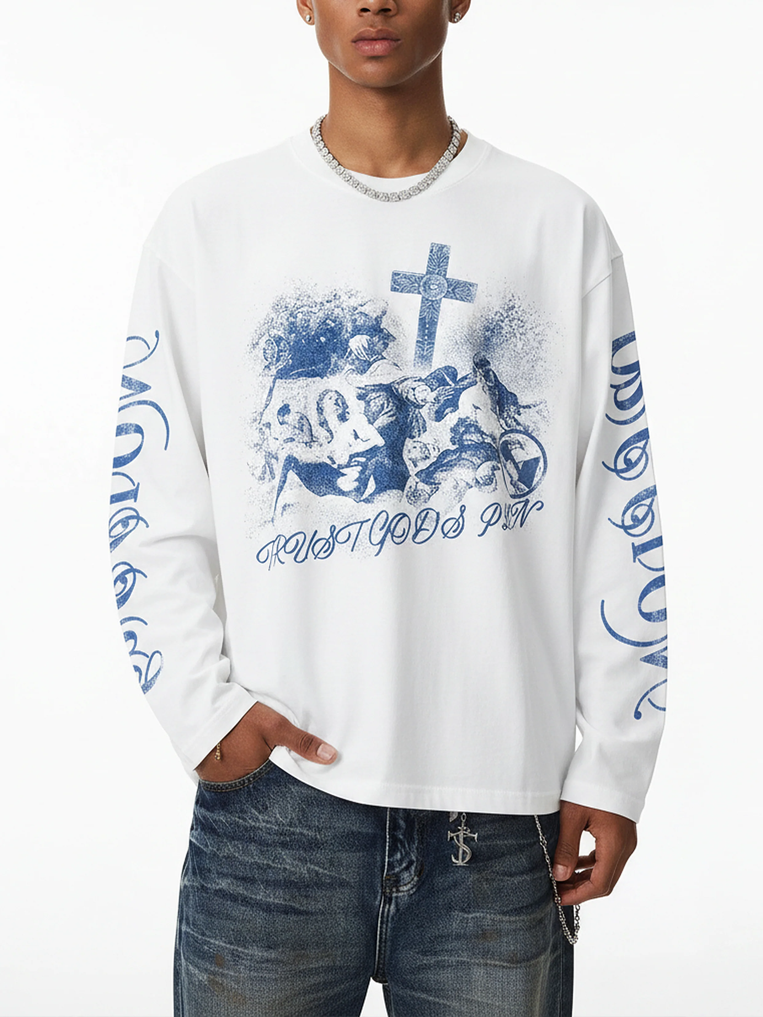 NOISSEY "Trust God's Plan" Archival Print Crewneck – Vintage Blue Oversized Long Sleeve - Image 4