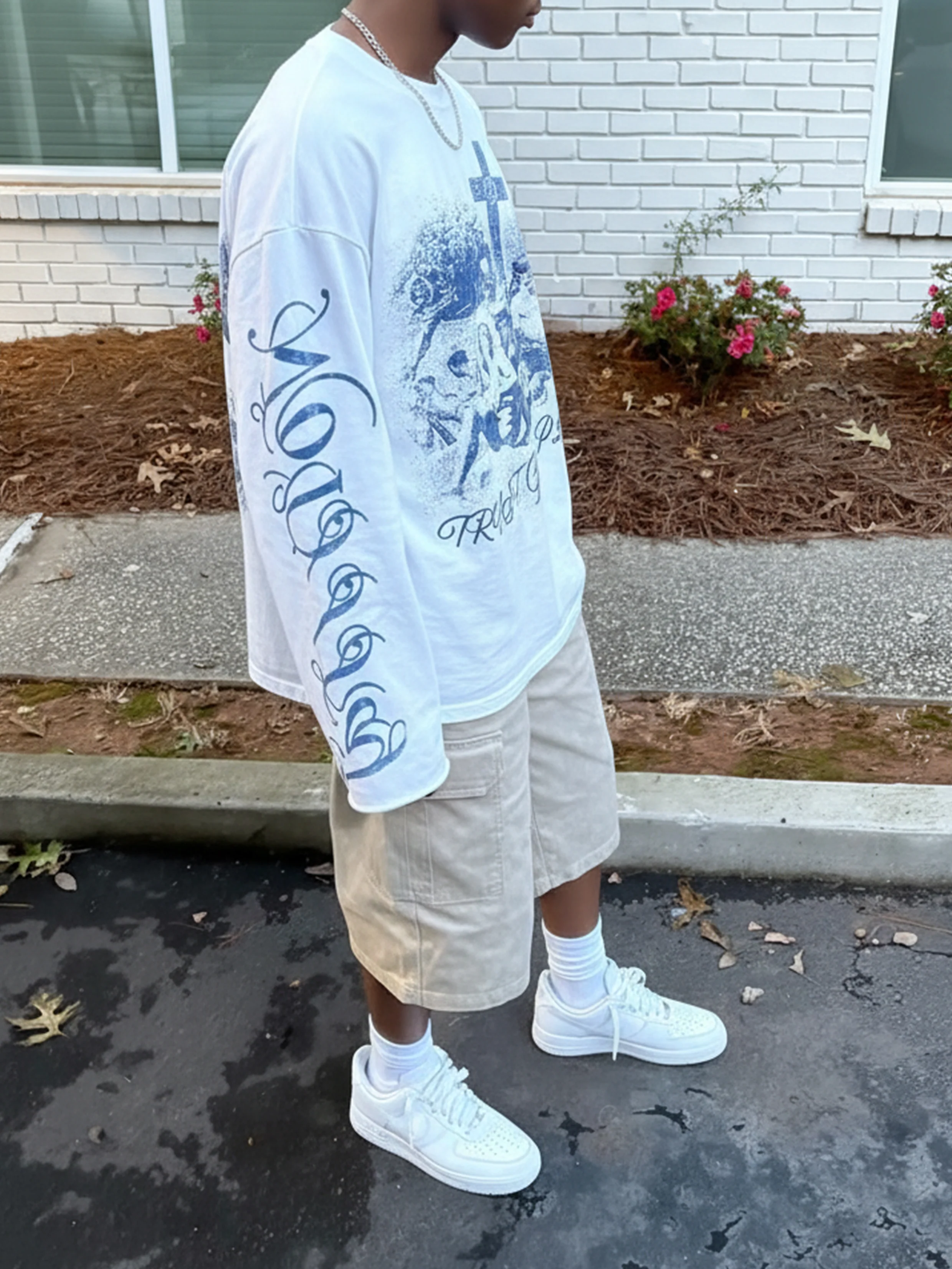 NOISSEY "Trust God's Plan" Archival Print Crewneck – Vintage Blue Oversized Long Sleeve - Image 5