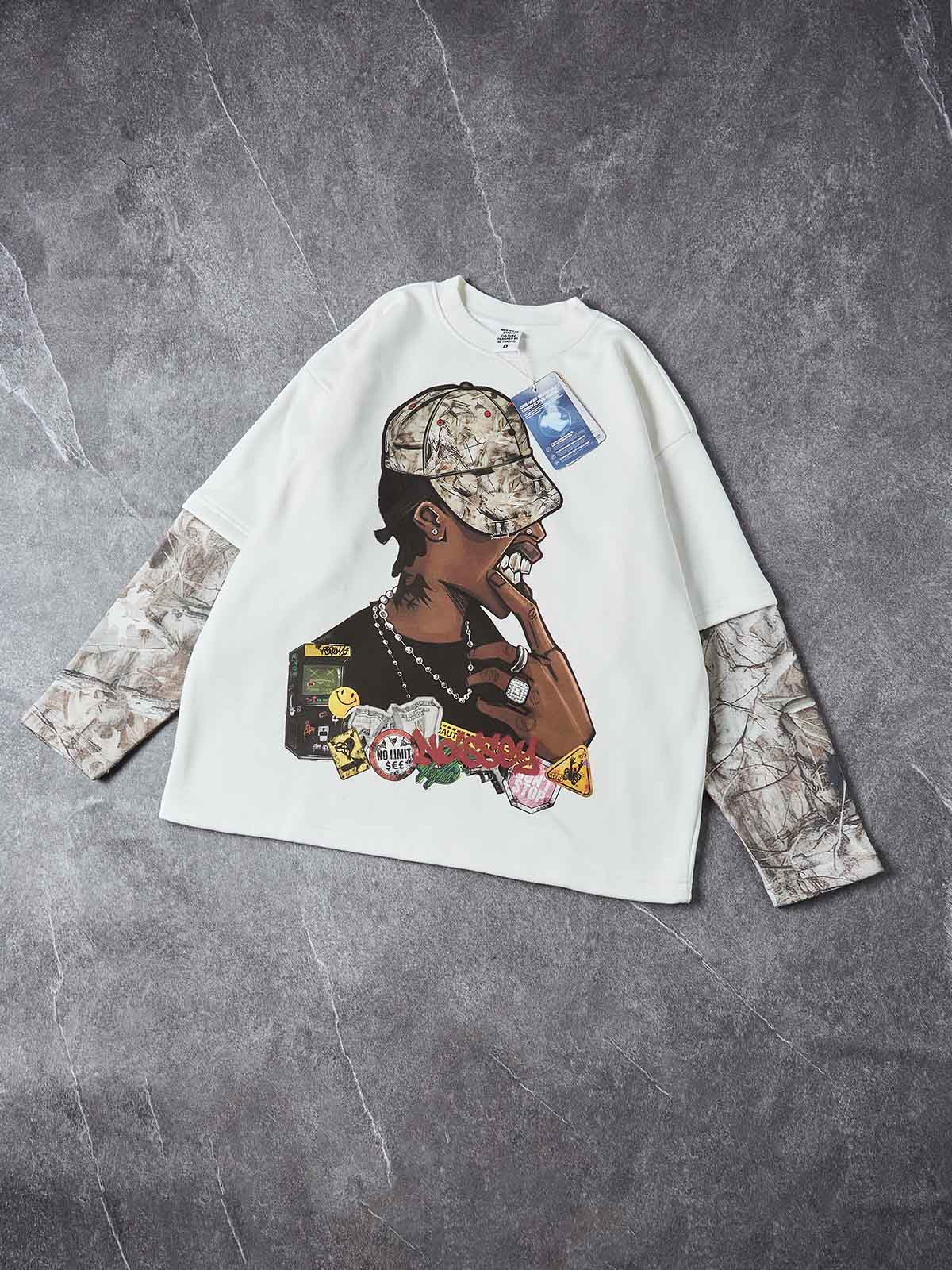 "URBAN CAMO" PORTRAIT PATCHWORK CREWNECK – BONE WHITE OVERSIZED LONG SLEEVE - Image 3
