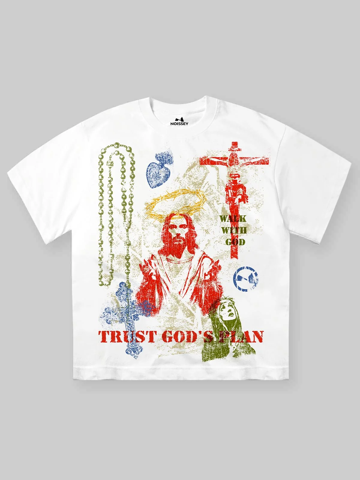 White T-shirt with colorful "Trust God's plan" screen print