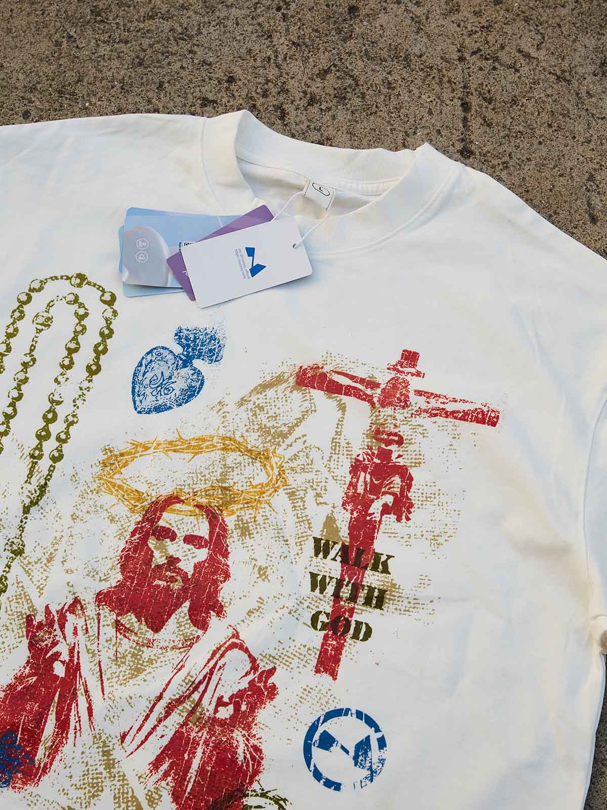 White T-shirt with colorful "Trust God's plan" screen print - Image 3